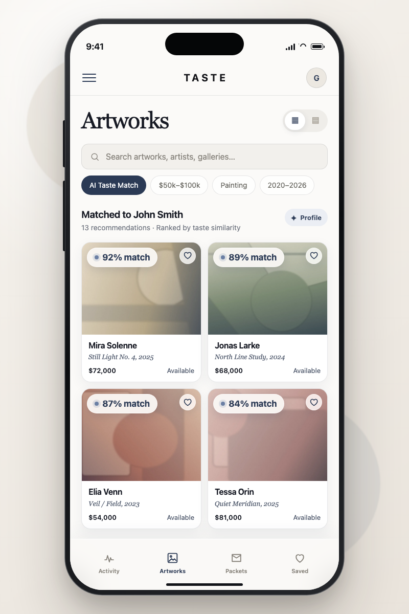 Taste mobile app showing four AI-matched artworks for collector John Smith using fictional artist data